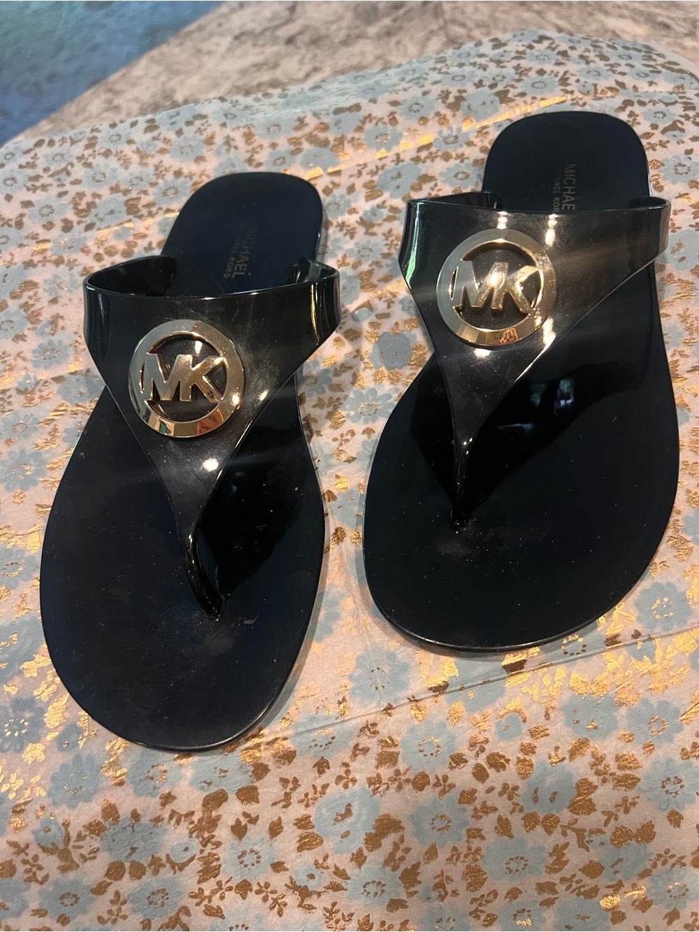 Michael Kors Black Glossy Jelly Thong Sandals with Gold MK Emblem